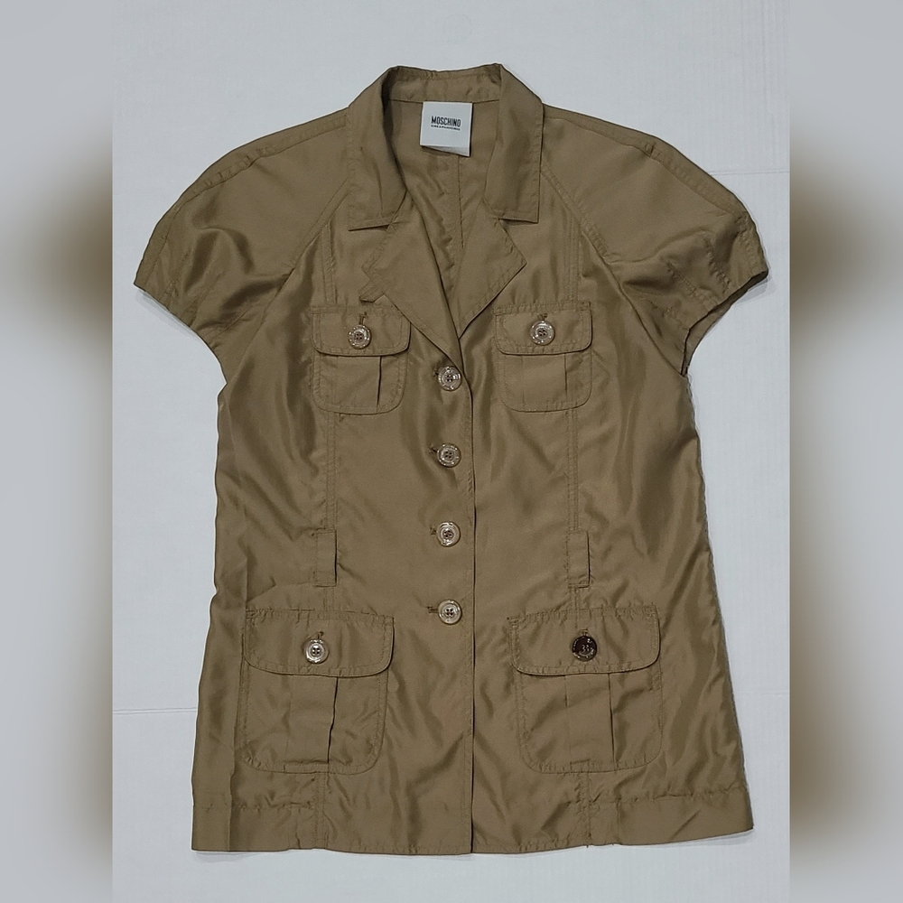 Moschino Cheap & Chic 100% Silk Short Puff Sleeve Safari Top in Mocha Khaki Sz M - Picture 4 of 14